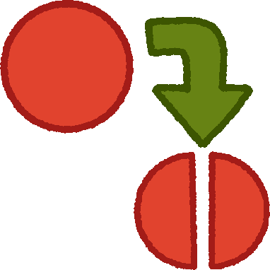 a simple red circle and a green arrow next to it, pointing down. below the green arrow is the same red circle, split into two halves.